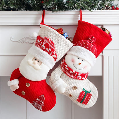 Large Knitted Christmas Stocking Santa & Snowman Fireplace Decor Gift Candy Holder