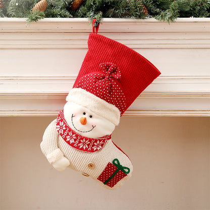 Large Knitted Christmas Stocking Santa & Snowman Fireplace Decor Gift Candy Holder