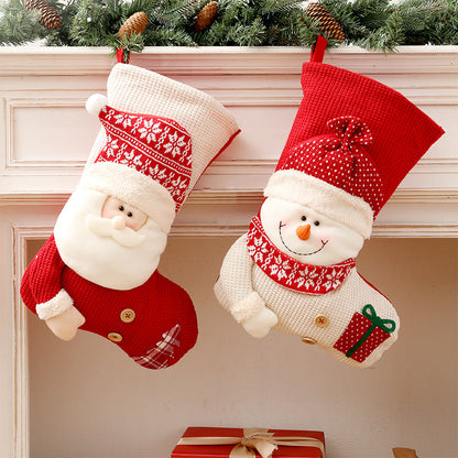 Large Knitted Christmas Stocking Santa & Snowman Fireplace Decor Gift Candy Holder