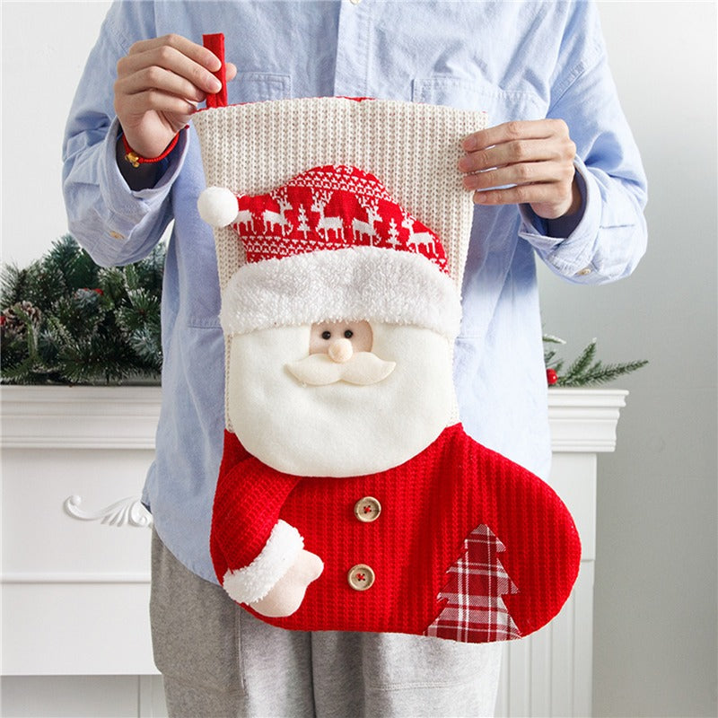 Large Knitted Christmas Stocking Santa & Snowman Fireplace Decor Gift Candy Holder